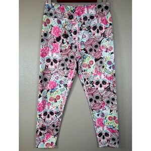 EVCR Skull Floral Print Leggings Women XL Pink Blue Sugar Skull Day of Dead Pink